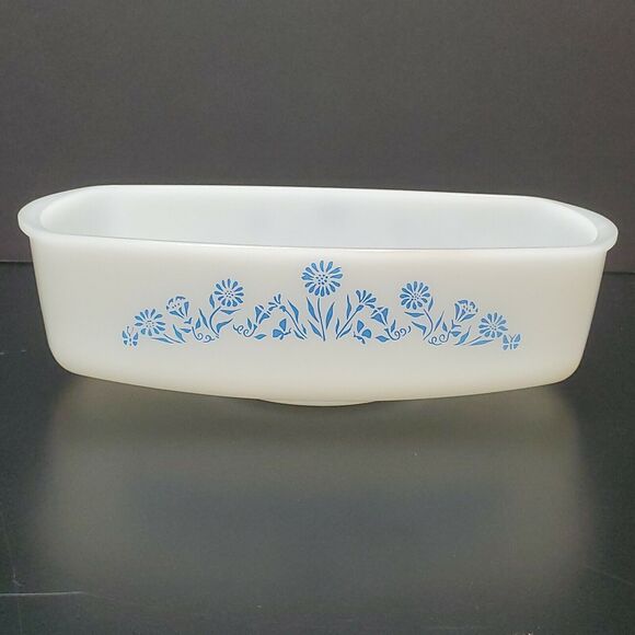 Vintage Federal Oven Proof White Milk Glass Blue Lady Michelle Floral Loaf Dish - Picture 1 of 9